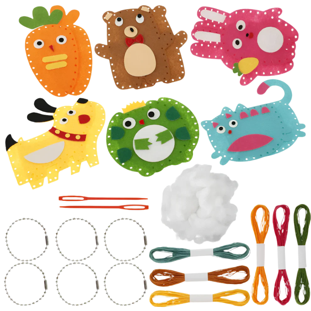 Set of colorful animal-themed craft supplies on a white background