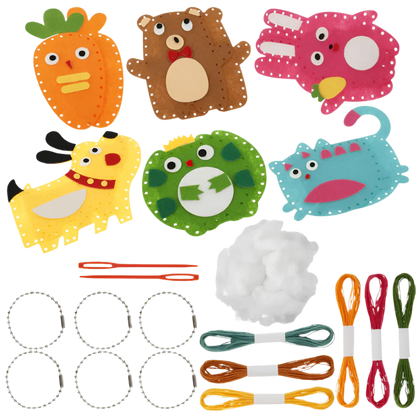 Set of colorful animal-themed craft supplies on a white background