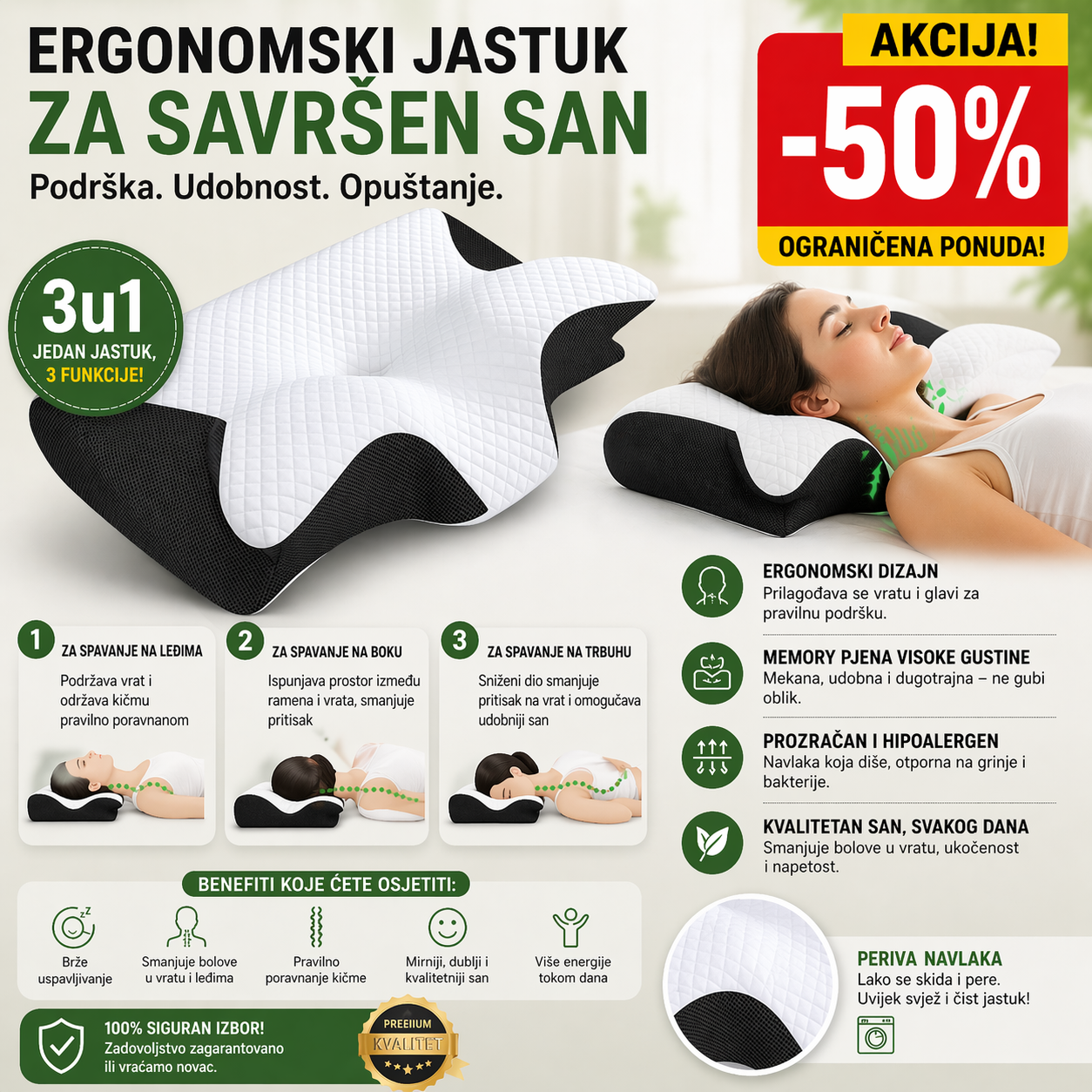 Ergonomski jastuk za bolji san i pravilno držanje vrata - BESPLATNA POŠTARINA